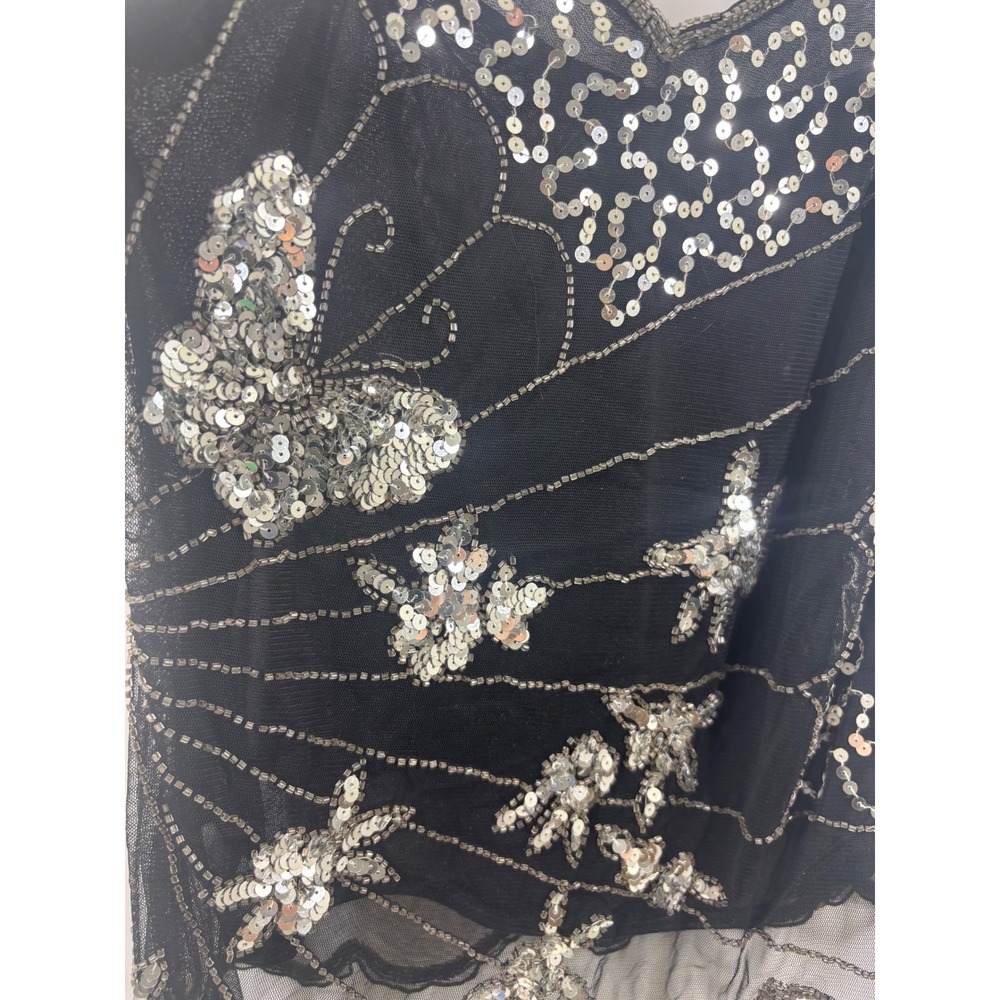 Vintage Black Mesh Sequin Butterfly Camisole Top Beaded Asymmetrical Hem M L - Picture 2 of 3
